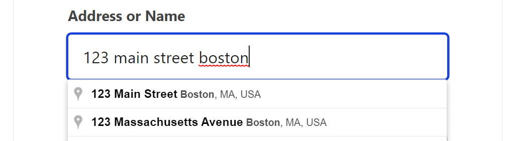 the text input box with a Google Maps dropdown to select correct address.