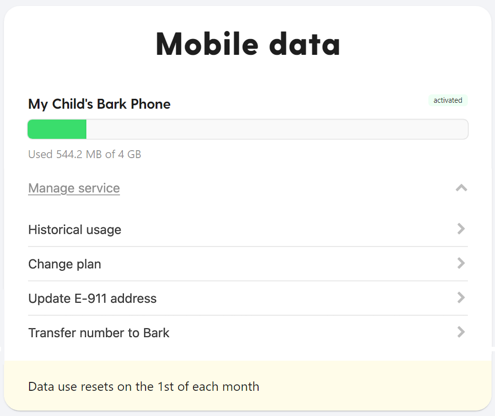 Mobile Data header with a progress bar below it showing how much data has been used from My Child's Bark Phone. Further below that, we can see Data usage resets on the first of the month, as well as options to upgrade or downgrade your data plan.