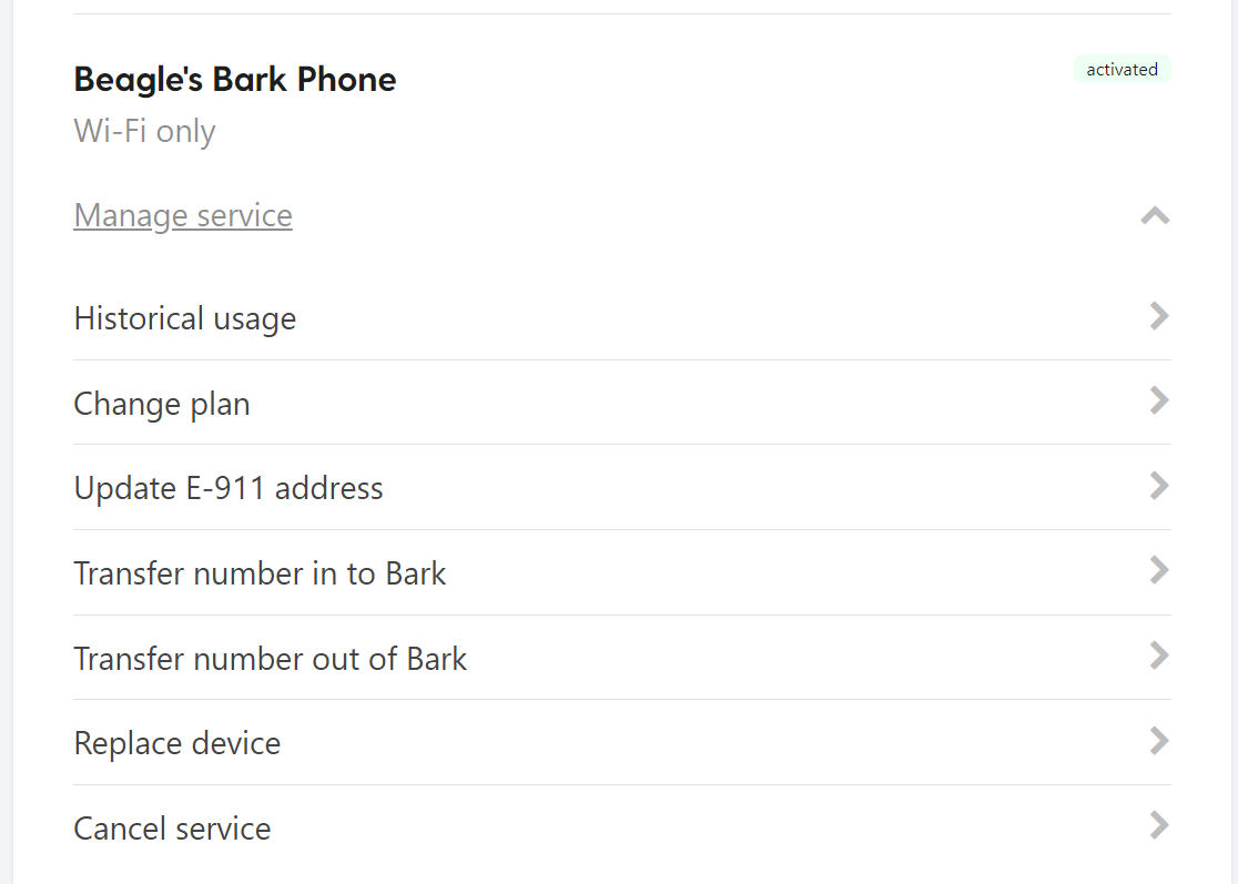an image with the title Mobile Plans at the top, a button for Manage service, and the list of options within that menu that include Historical usage, Change plan, Update E-911 address, Transfer number in to Bark, Tranfer number out of Bark, and Cancel service
