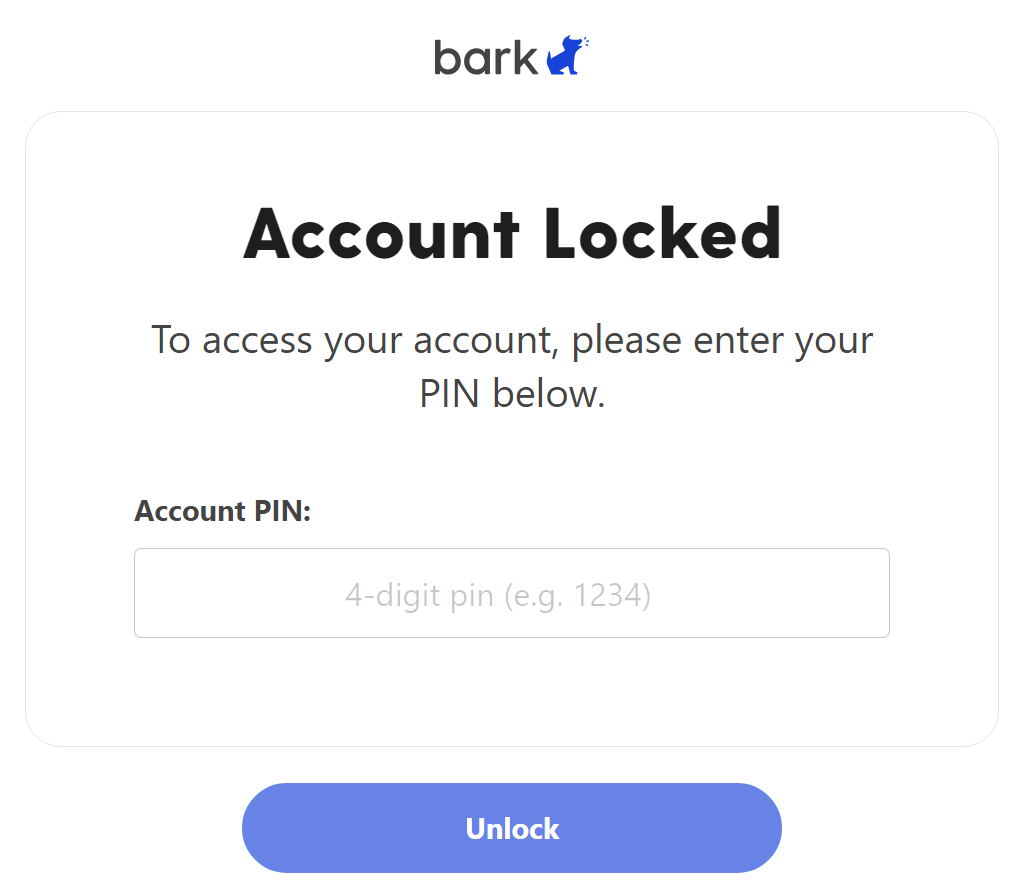 Title is Account Locked. Body text says To access your account, please enter your PIN below. Field is labled Account PIN and allows you to input a 4-digit pin like 1234.