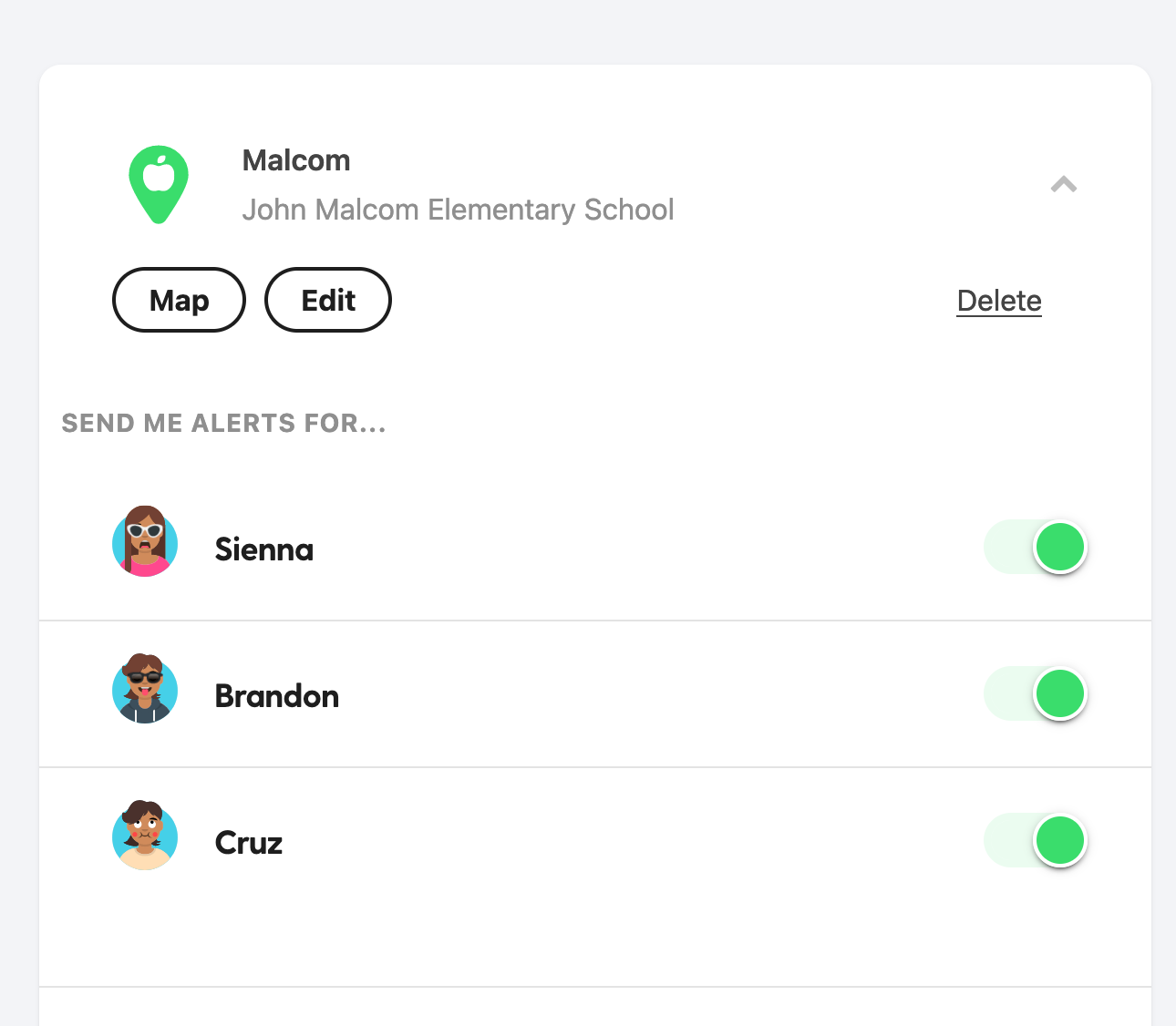 Green location pin with an apple inside it. John Malcom Elementary School is the text to the right of it. Under that are a Map button, Delete button, and an Edit button. Beneath that is text that says Send me alerts for... and a list of the example kids. Each kid has a toggle next to their name and profile picture that is turned on, indicating the user will get location alerts whenever those children enter or depart that place.