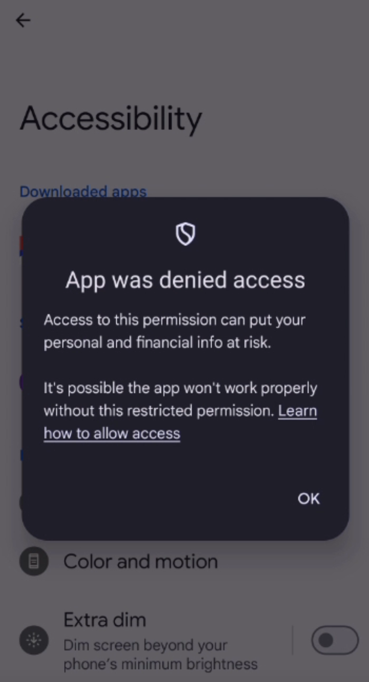 bark kids app android - Accessibility Bark - Controlled by Restricted Setting - App was denied access - Access to this permission can put your perosnal and financial info at risk.png