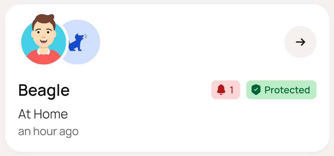 new UI - Dashboard child card Green Protected with unread alert and at home an hour ago.png